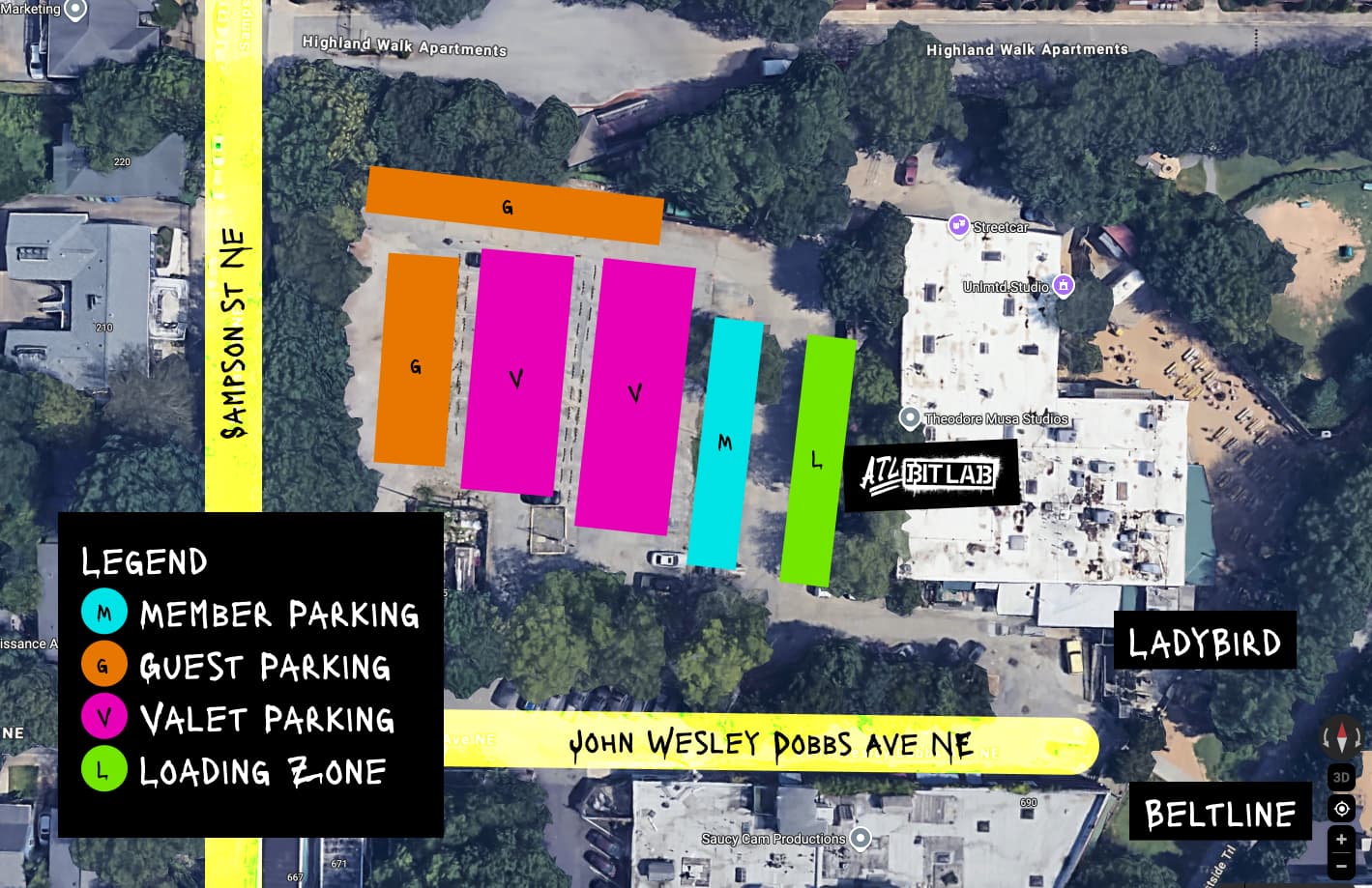 A map showing parking locations around ATL BitLab